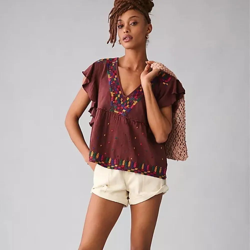By Anthropologie Embroidered Ruffle-Sleeve Peplum Top Women’s Small